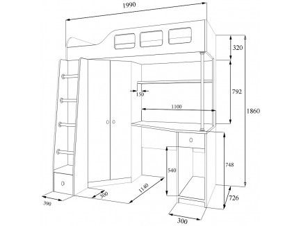 Кровать-чердак Астра-7 ЛК с лестницей-комодом